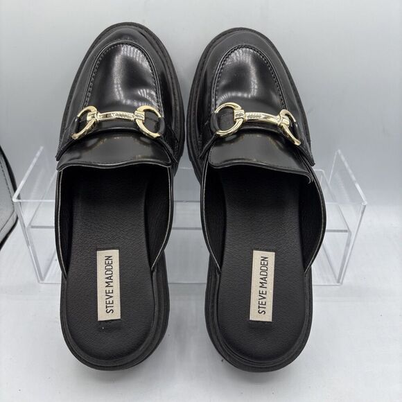STEVE MADDEN Missk Black Patent Leather Mules Size 7.5 Chunky Loafer Y2k Retro - Picture 8 of 12
